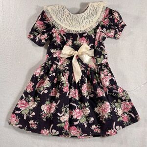 Vintage TOO SWEET Girls 6 Dress Pink Floral On Black With Round Lace Collar